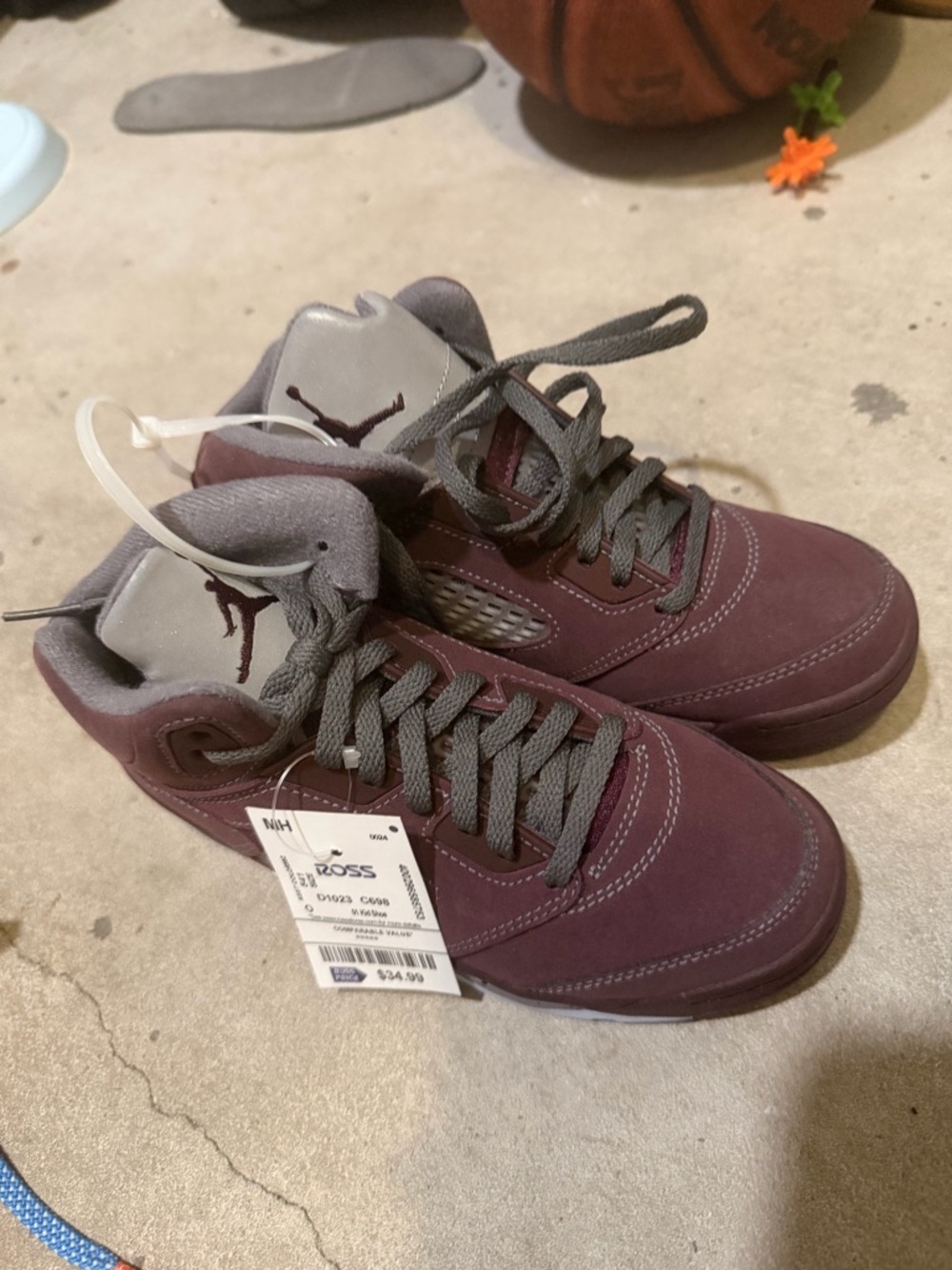 Jordan 5 (2Y) Burgundy and Gray Suede Sneakers